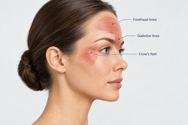 Illustration of facial muscles targeted by anti-wrinkle injections including forehead and crow's