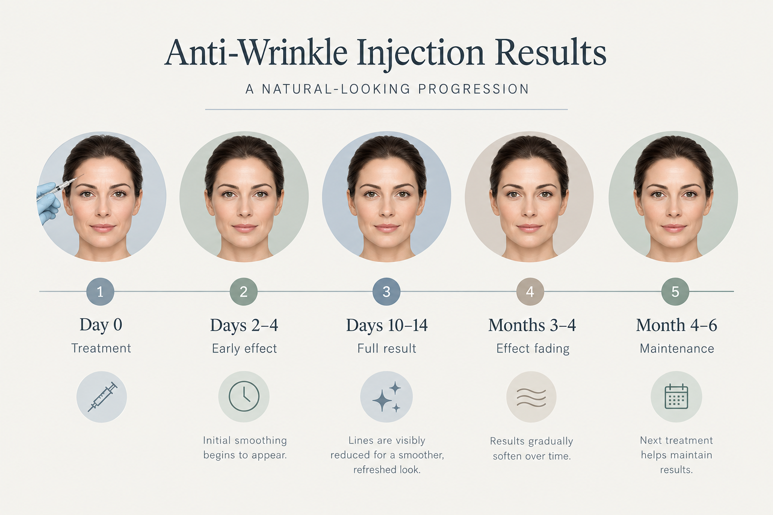 Timeline infographic showing when anti-wrinkle injection results appear and how long they last
