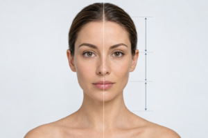 Medical illustration of facial asymmetry showing differences between left and right sides of the
