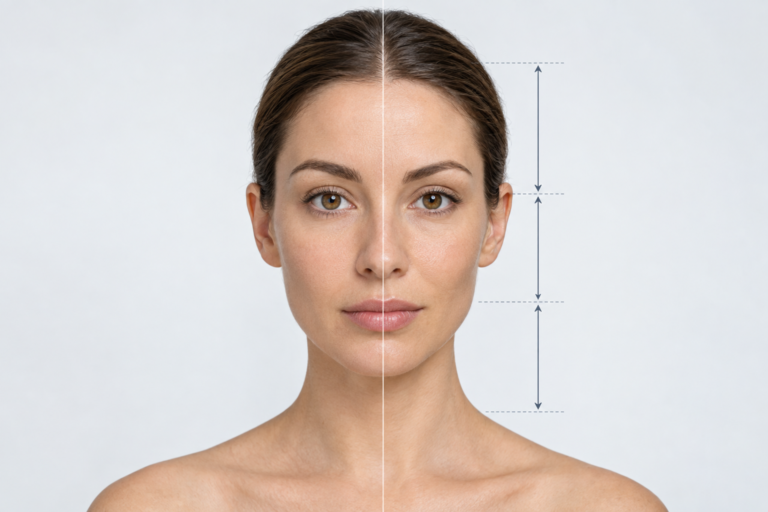 Medical illustration of facial asymmetry showing differences between left and right sides of the