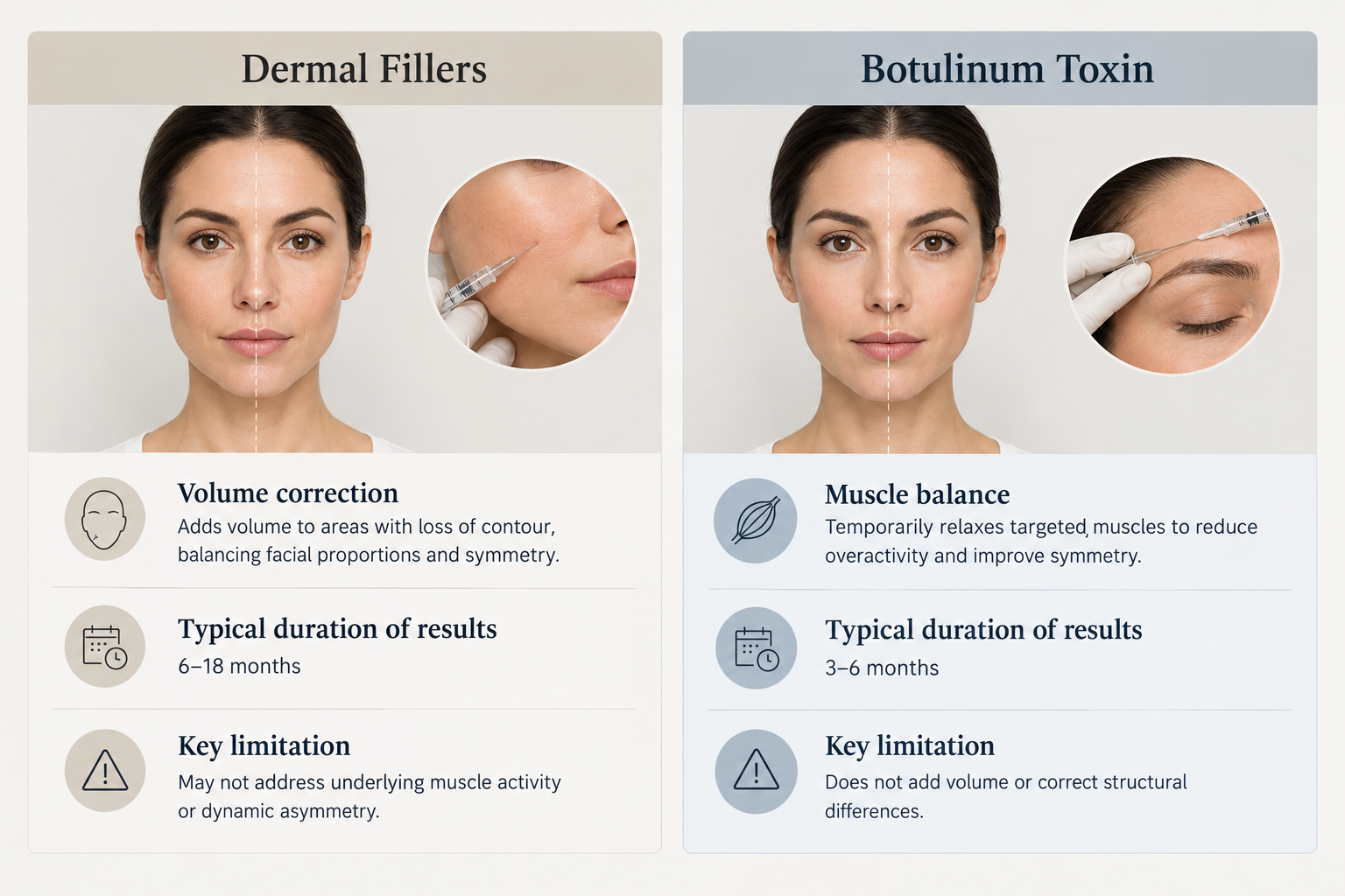 Comparison graphic of dermal fillers versus botulinum toxin for treating facial asymmetry