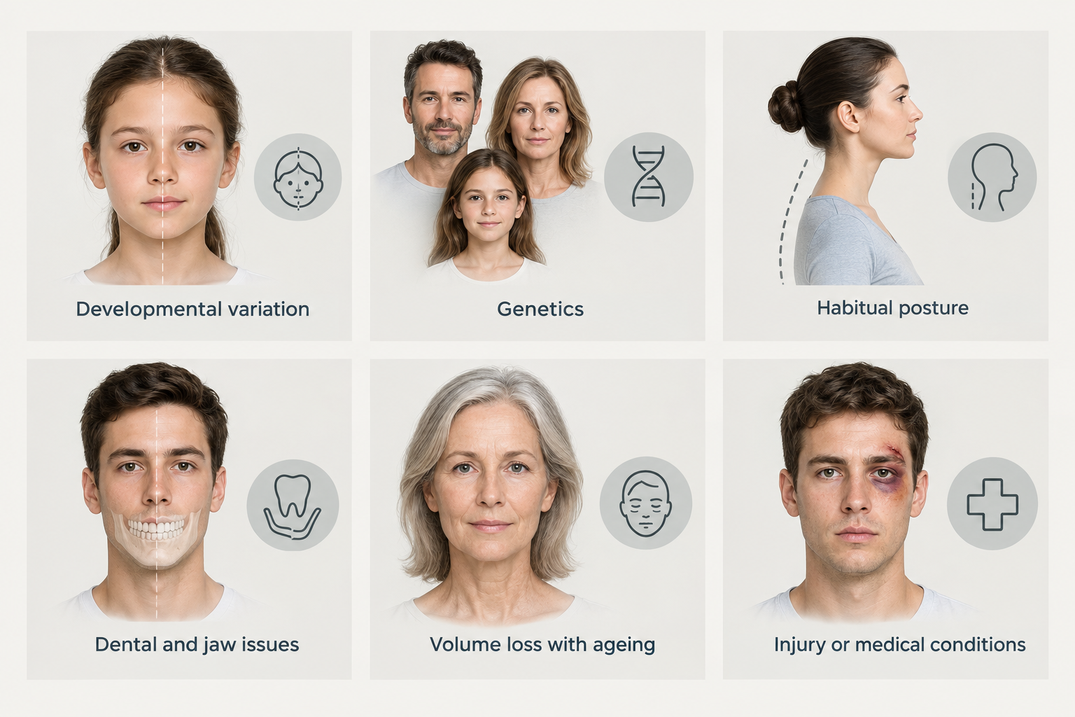 Infographic showing six common causes of facial asymmetry including genetics, ageing, and jaw issues