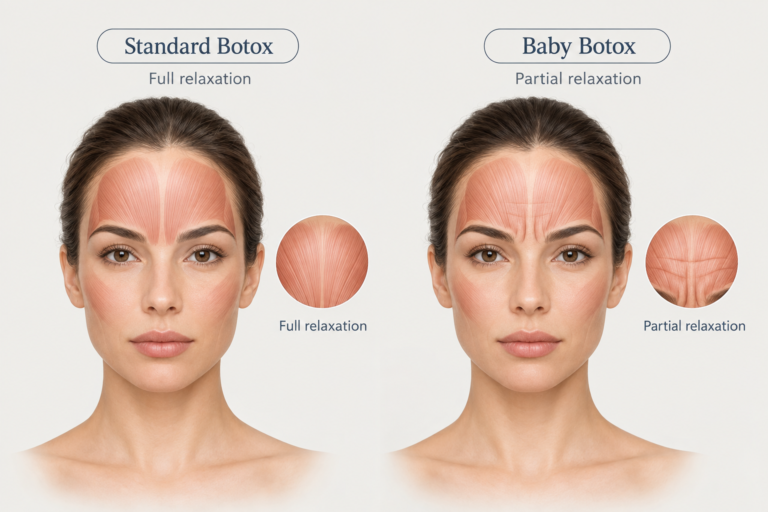 Illustration comparing baby Botox reduced dosing with standard botulinum toxin muscle relaxation