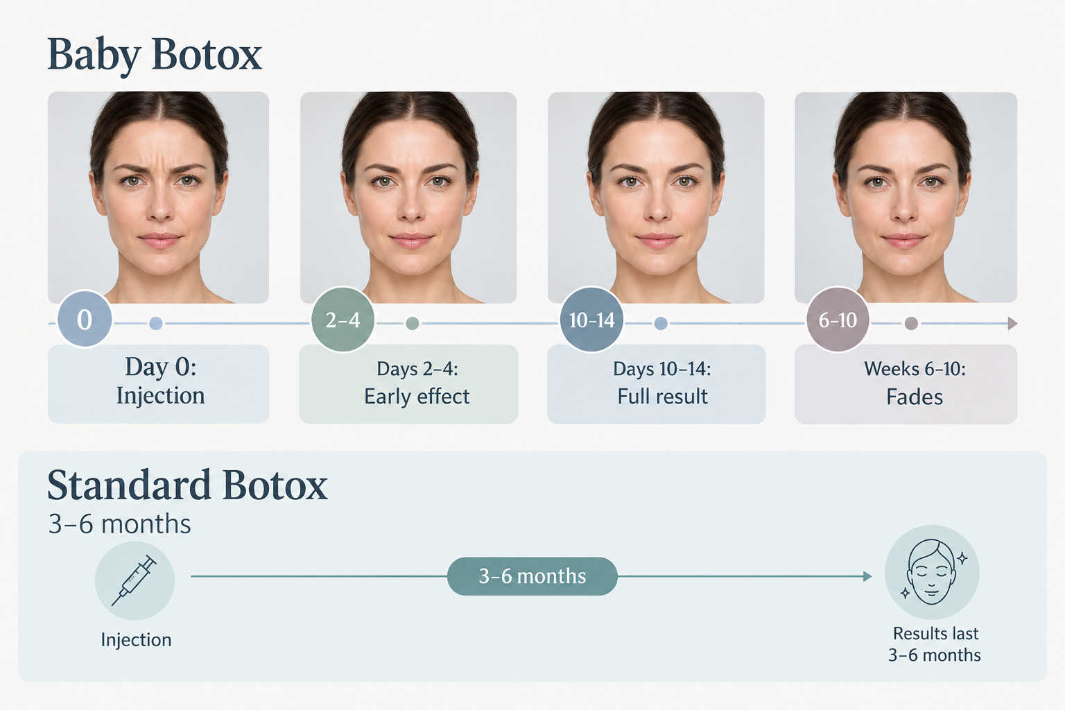 Timeline infographic showing baby Botox onset at 2 to 14 days and duration of 6 to 10 weeks