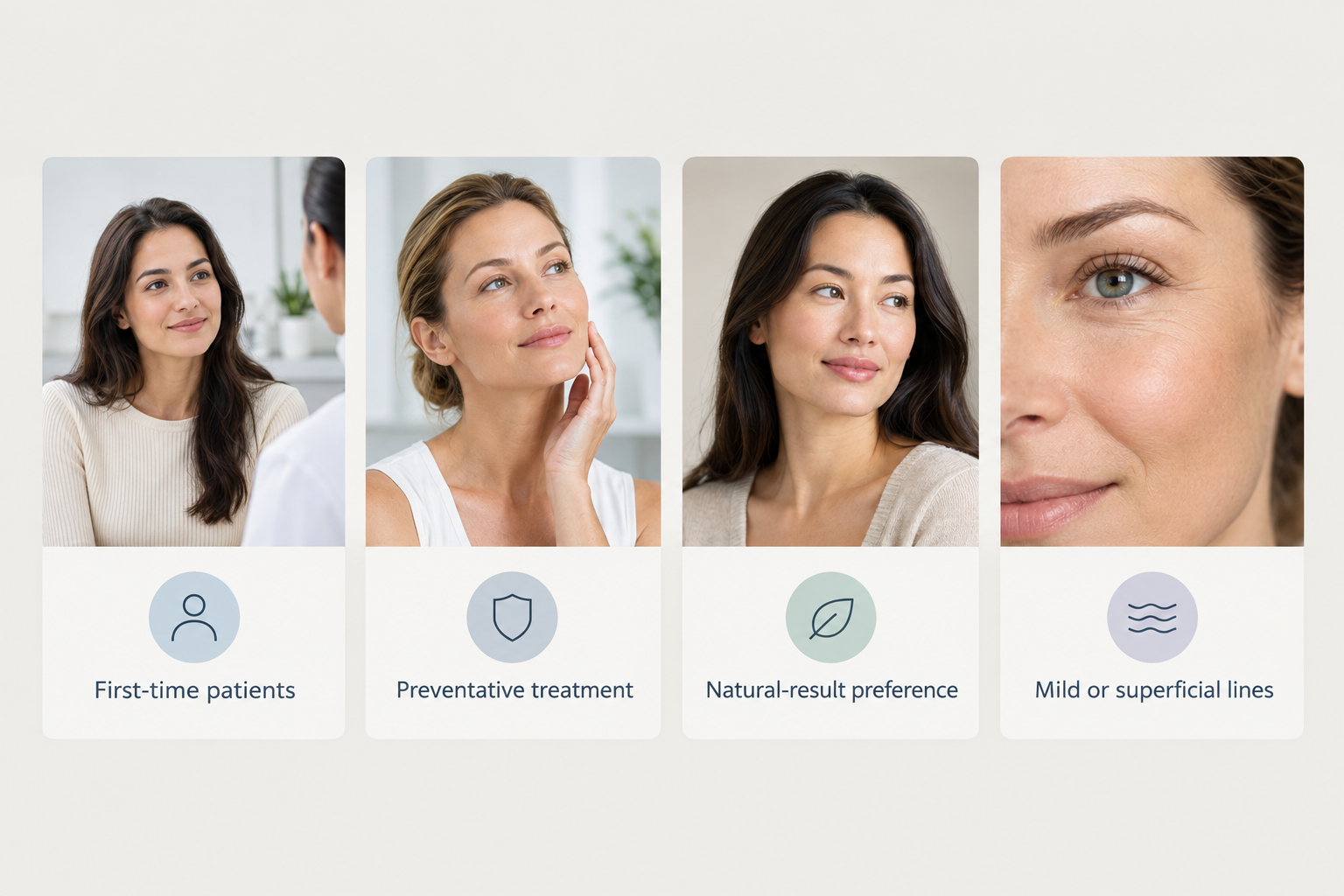 Fact cards showing four patient types who may be suitable for baby Botox treatment