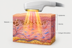 BBL broadband light treatment mechanism showing light pulses targeting skin layers