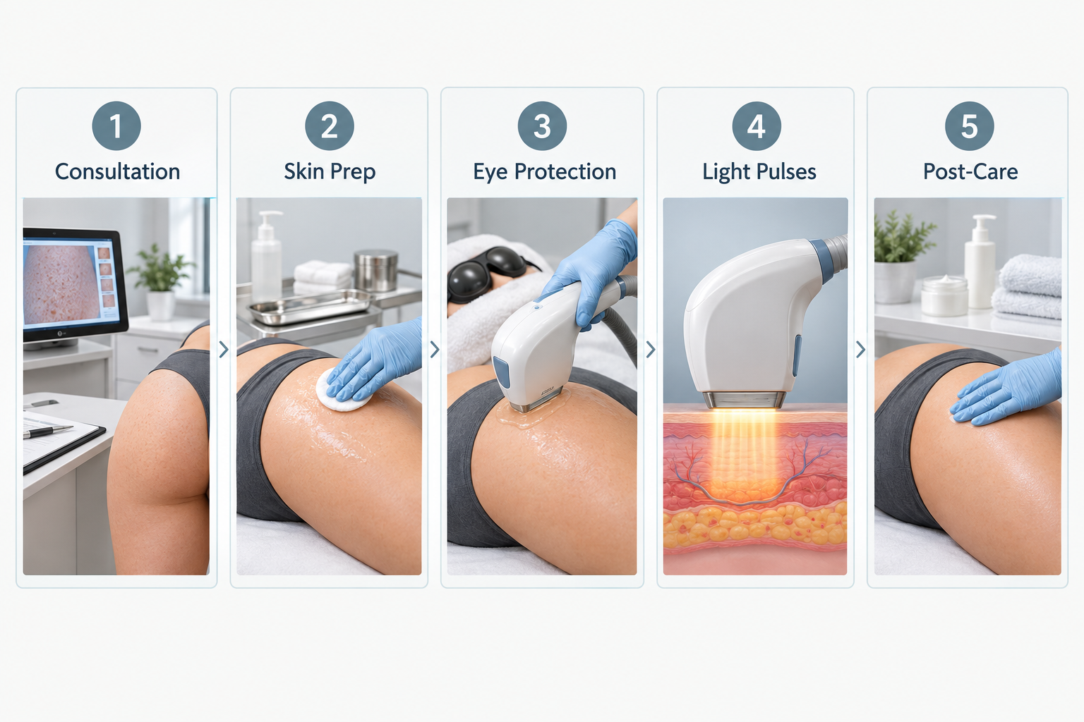 Step-by-step diagram of a BBL broadband light treatment session process