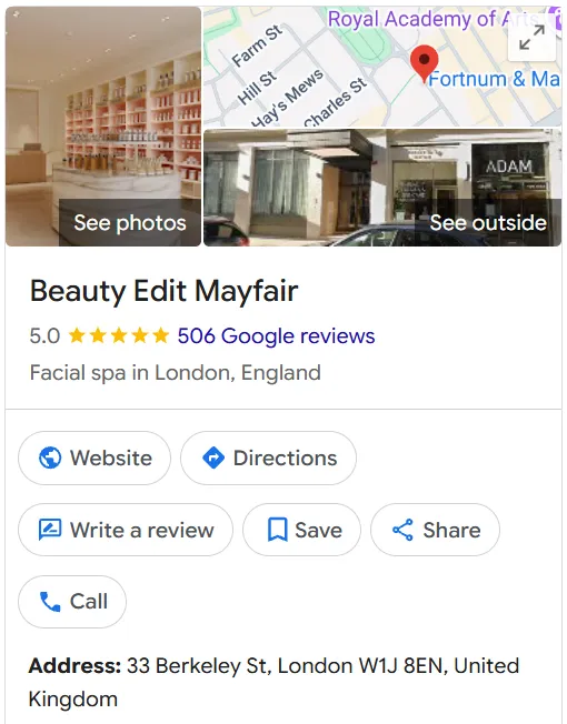 Beauty Edit Mayfair Google Maps profile