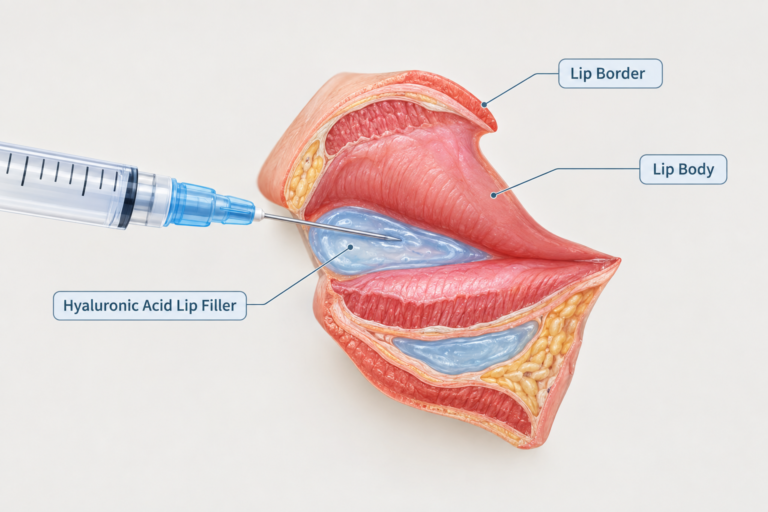 Illustration of hyaluronic acid lip filler injection into lip anatomy
