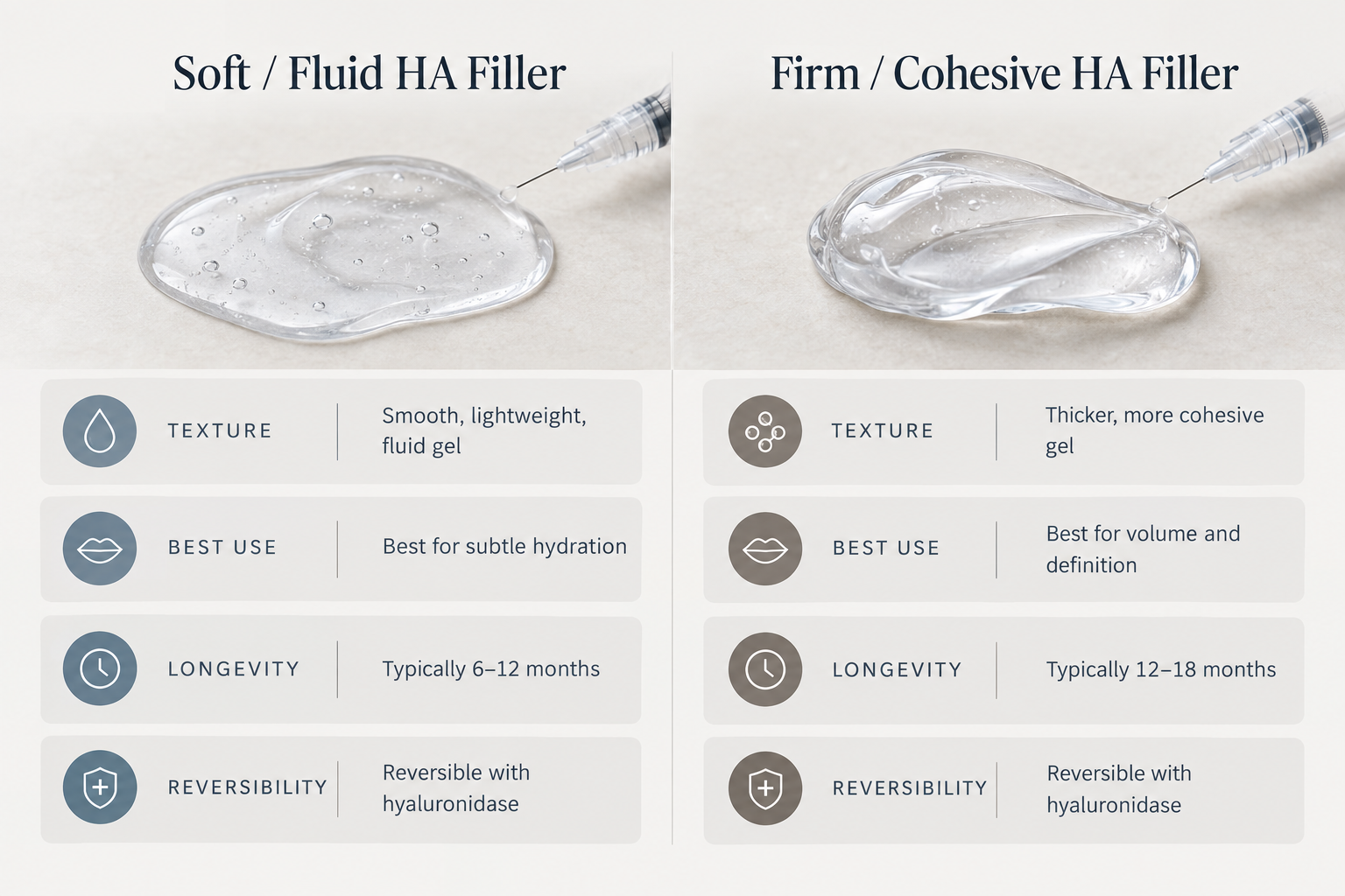 Comparison of soft versus firm hyaluronic acid lip filler types and their properties