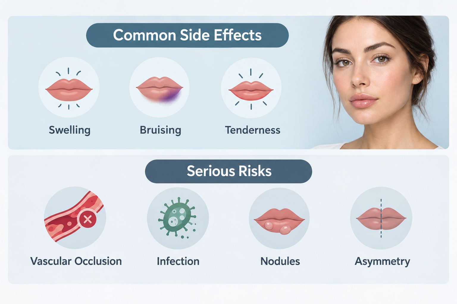 Infographic showing common and serious risks and side effects of lip filler treatment