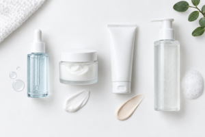 Post-microneedling skincare products including hyaluronic acid serum, ceramide moisturiser and