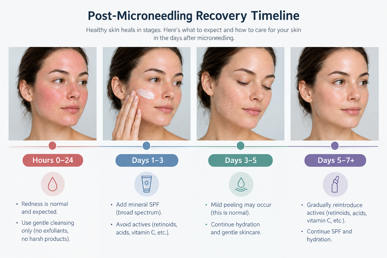 Post-microneedling recovery timeline from hours 0-24 through days 5-7 showing skincare stages
