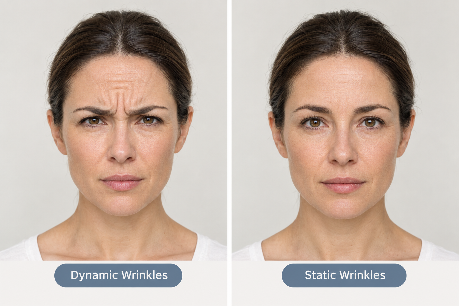 Comparison illustration of dynamic facial wrinkles during expression versus static etched lines at