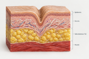 Cross-section illustration of facial skin layers showing deep wrinkle formation and collagen loss
