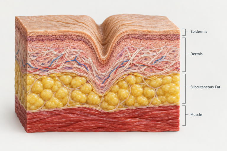 Cross-section illustration of facial skin layers showing deep wrinkle formation and collagen loss