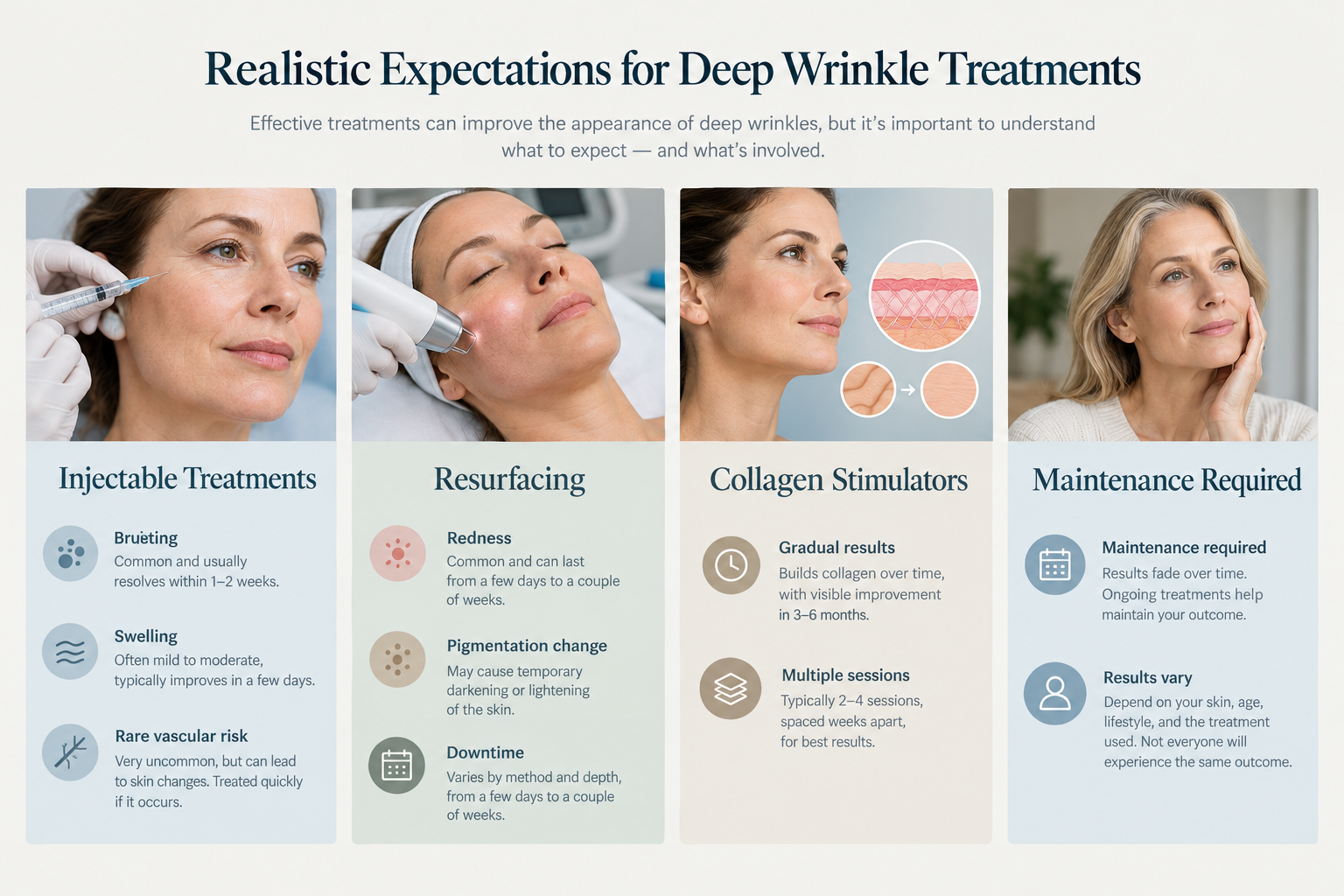 Infographic showing risks and realistic expectations for common deep facial wrinkle treatments