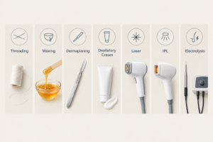 Overview of facial hair removal methods including laser, threading, waxing, IPL and electrolysis