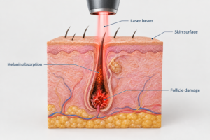 Diagram showing how laser energy targets a hair follicle during Brazilian laser hair removal