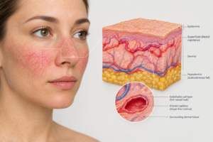 Illustration of broken capillaries visible beneath facial skin surface on cheeks and nose