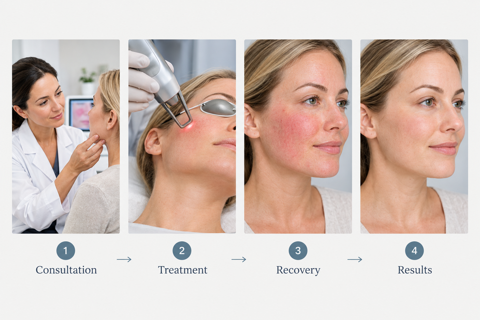 Process diagram showing four stages of laser treatment for facial broken capillaries
