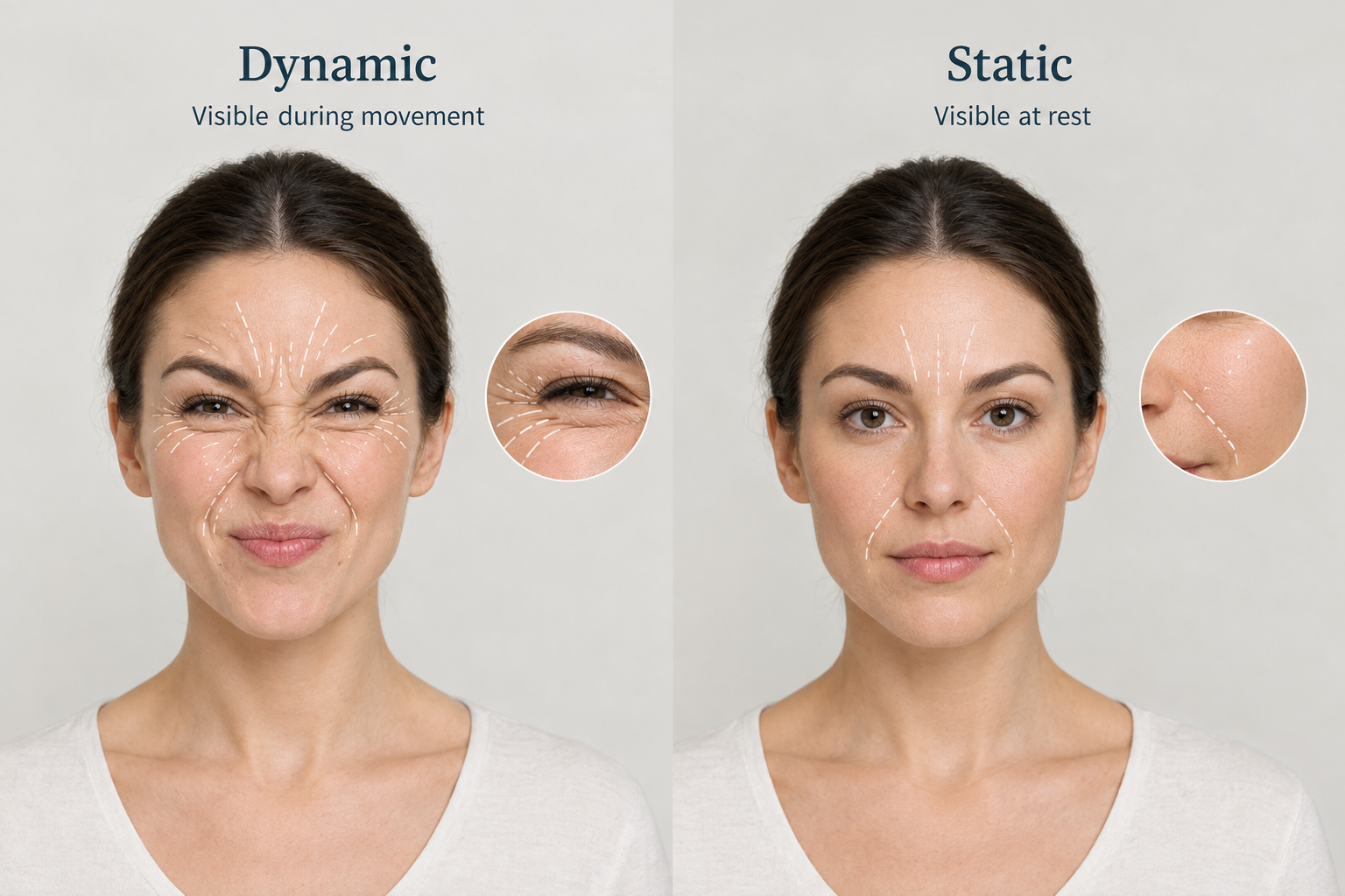 Comparison diagram showing dynamic bunny lines during expression versus static bunny lines at rest