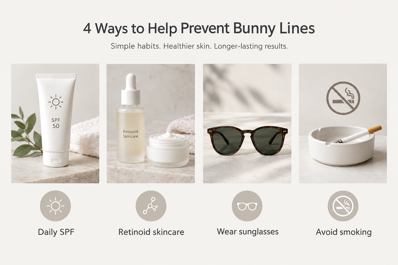 Infographic showing four strategies to help prevent bunny lines and nose wrinkles