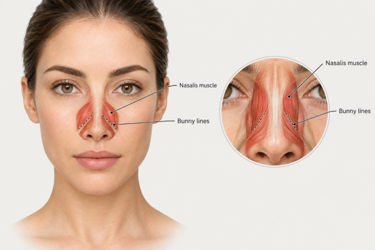 Anatomical illustration showing nasalis muscle and bunny lines on sides of nose