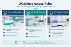 Infographic showing UK syringe access routes: pharmacy purchase, NHS needle exchange, and GP