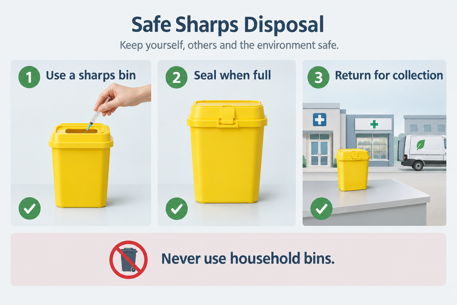Step-by-step infographic for safe sharps disposal in the UK using approved sharps bins