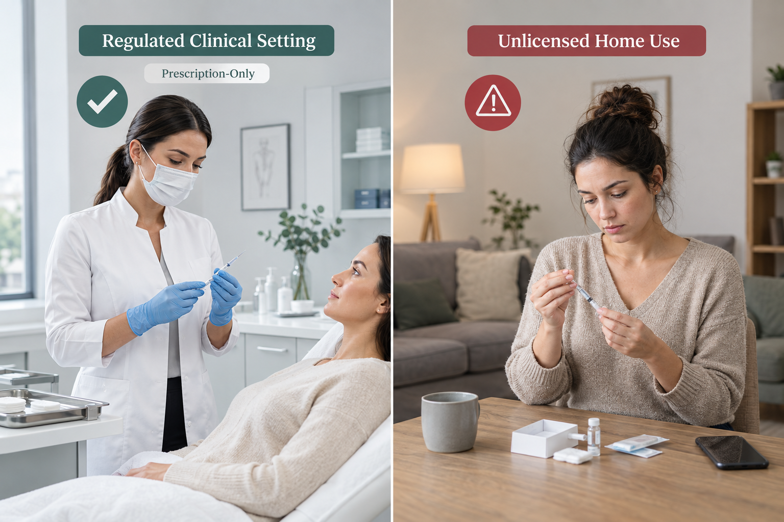 Illustration contrasting regulated clinical cosmetic injectable treatment versus unsafe unlicensed