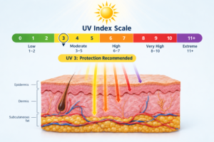 UV index scale diagram highlighting UV index 3 in the moderate range with colour bands