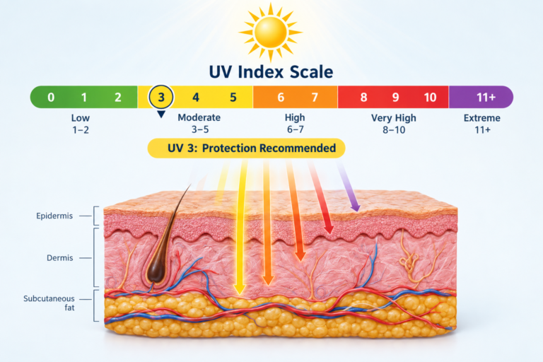 UV index scale diagram highlighting UV index 3 in the moderate range with colour bands