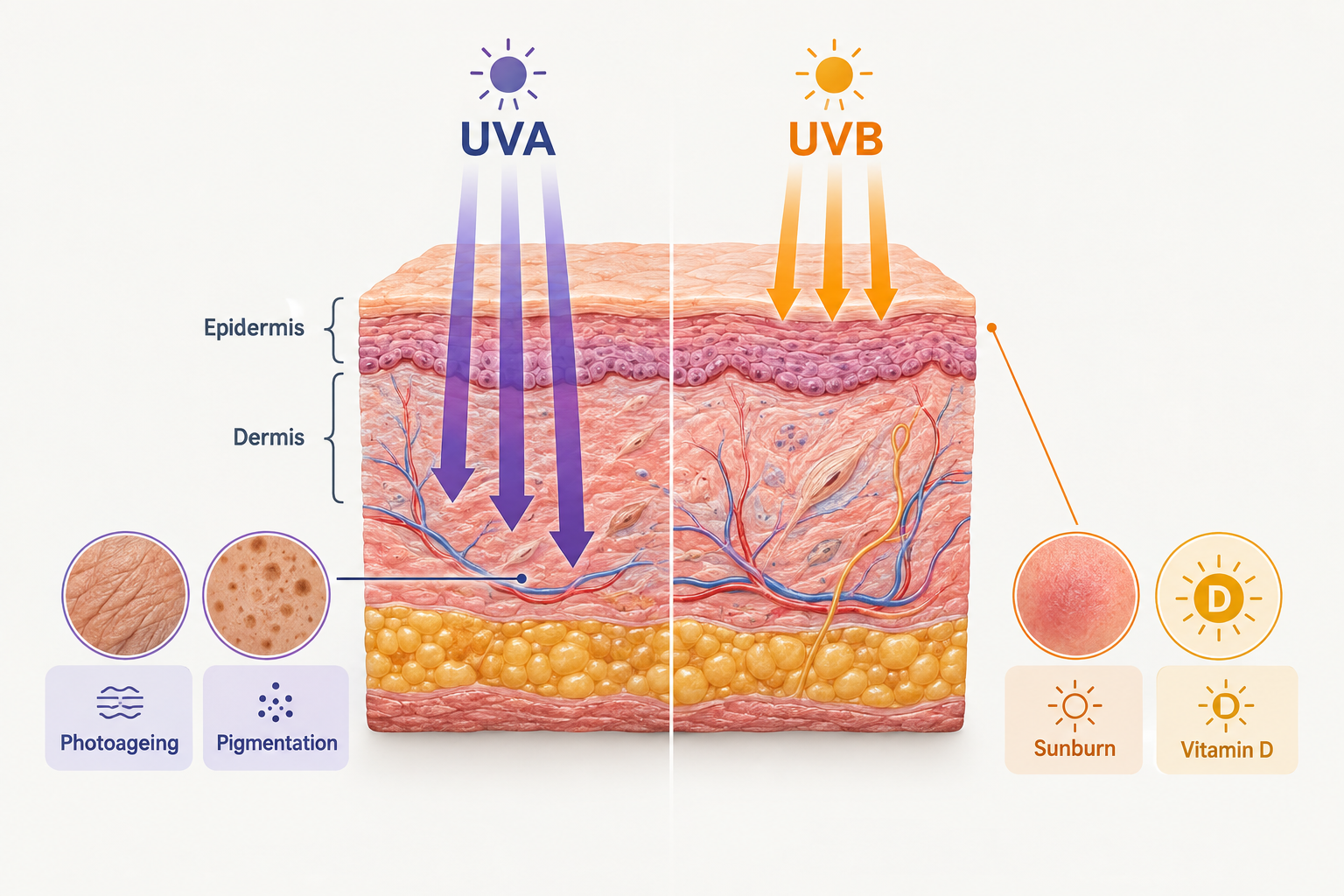 Diagram comparing UVA and UVB radiation depth of skin penetration and their different effects