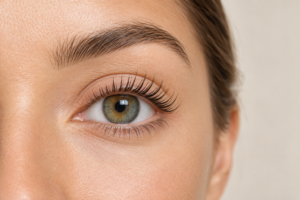 Close-up of lifted and curled natural lashes after a lash lift treatment