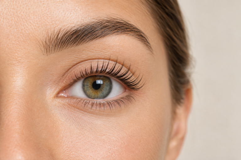 Close-up of lifted and curled natural lashes after a lash lift treatment
