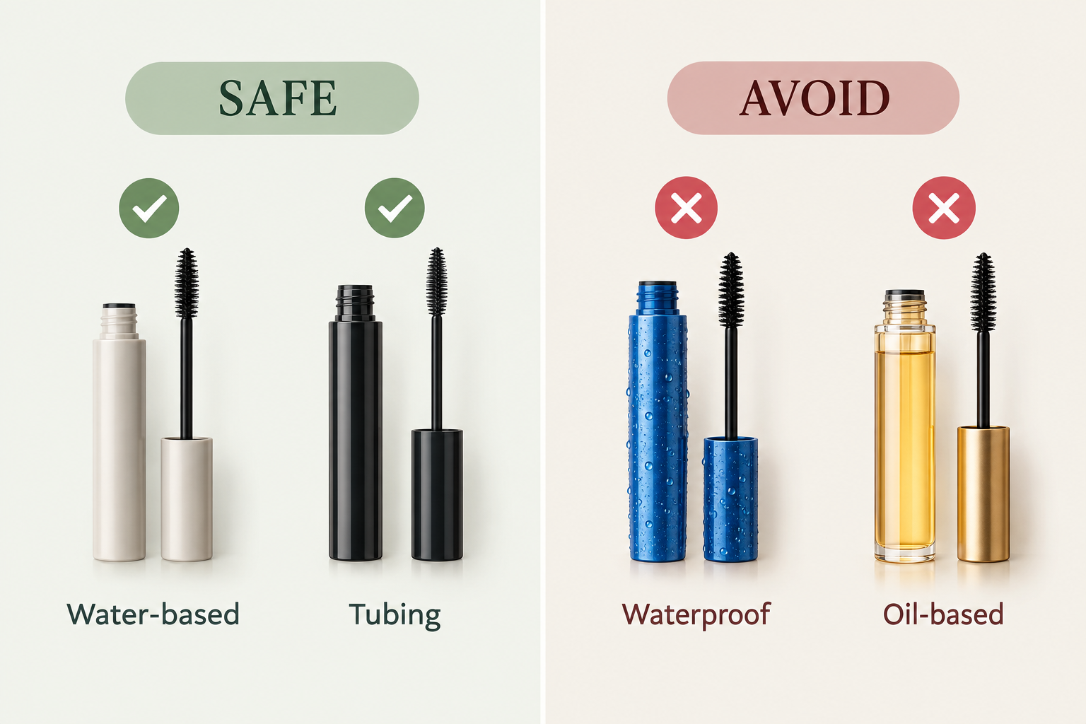 Infographic showing safe and unsafe mascara types after a lash lift