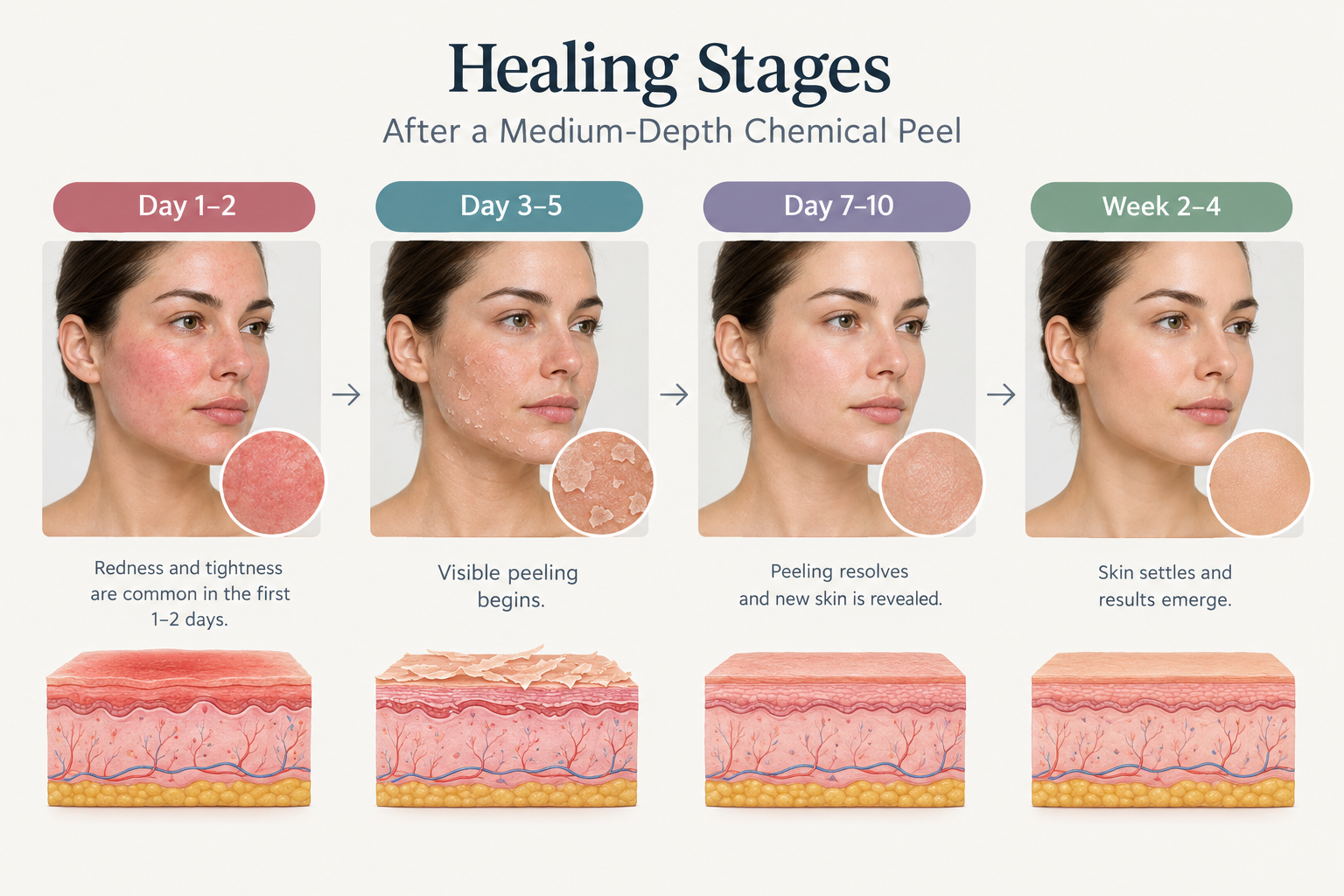 Timeline diagram of skin healing stages after a chemical peel treatment