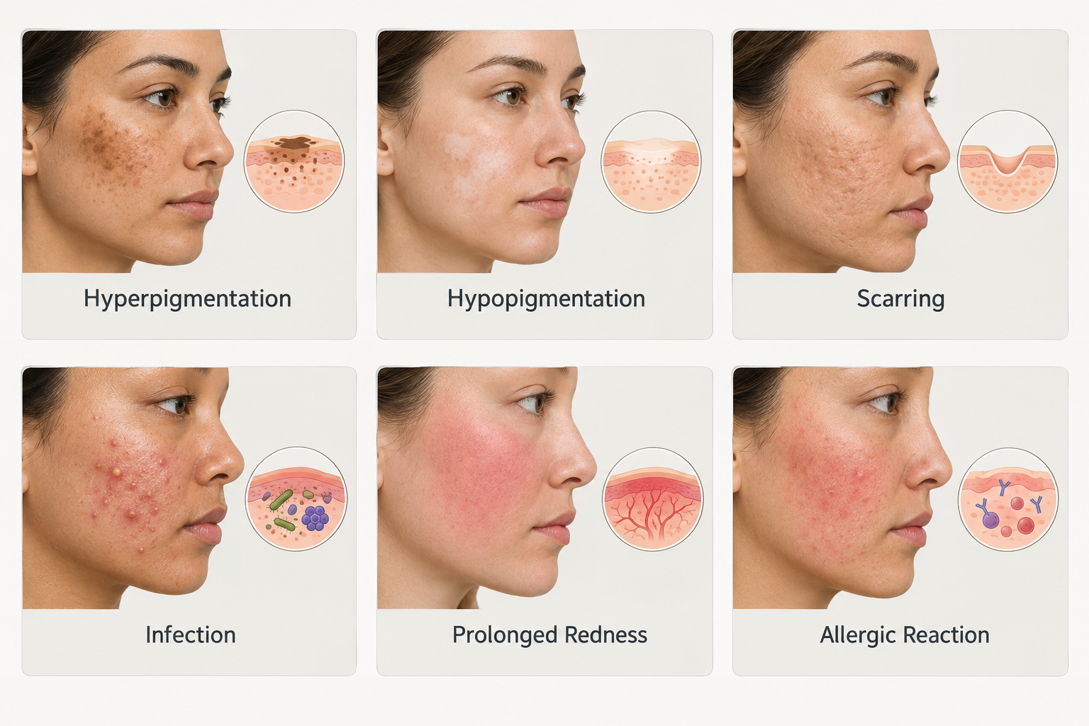 Fact cards showing six key risks and side effects of chemical peel treatments