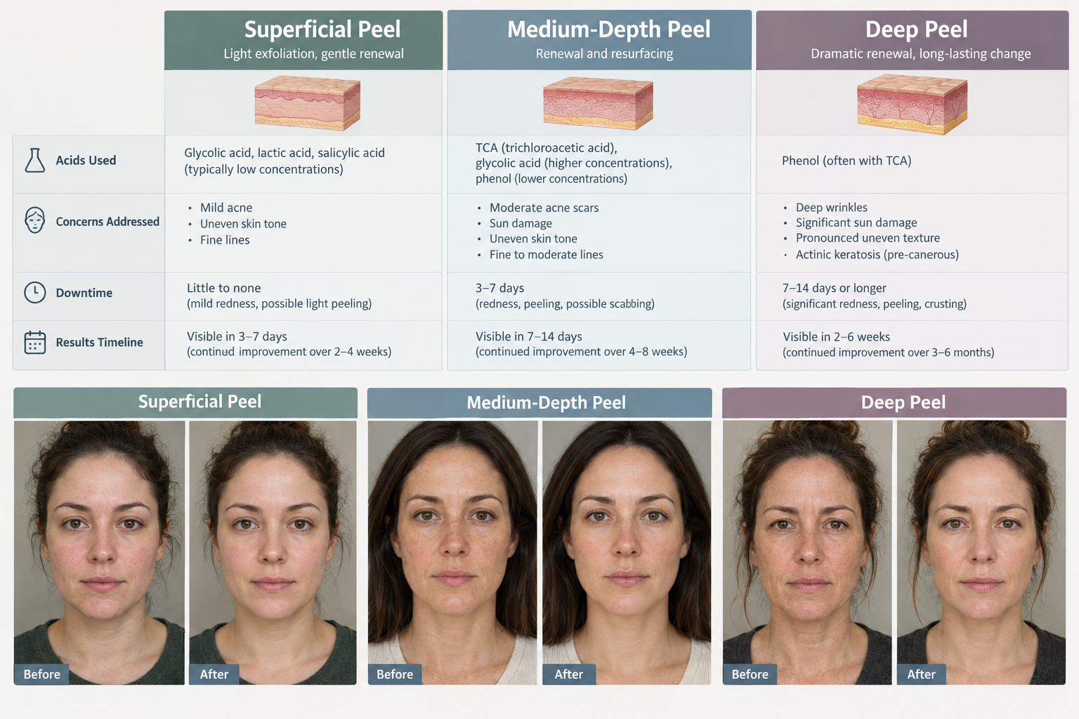 Infographic comparing superficial, medium, and deep chemical peel results and downtime