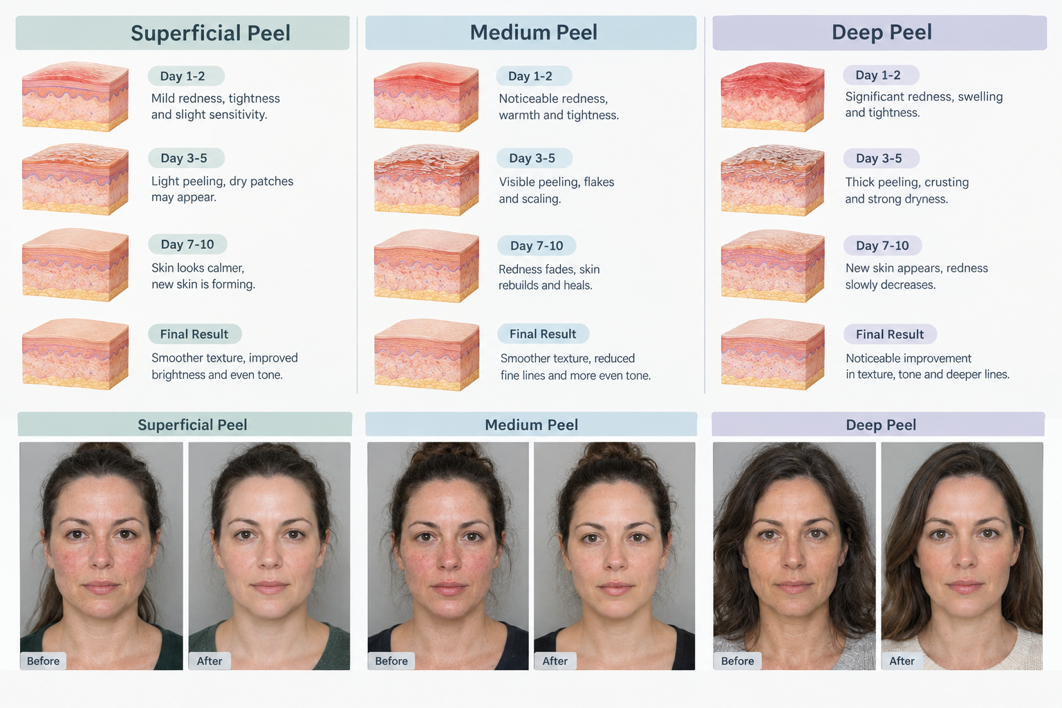 Timeline infographic showing skin recovery stages after superficial, medium and deep chemical peels
