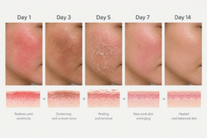 Chemical peel recovery timeline illustration showing skin healing stages day by day