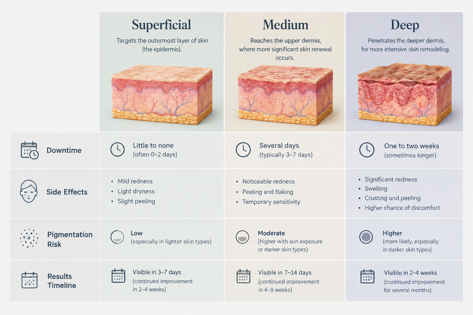Comparison chart of superficial medium and deep chemical peel side effects downtime and results