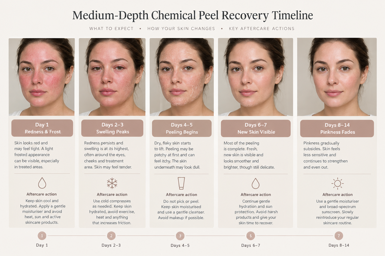 Medium-depth chemical peel day by day recovery infographic with skin stages and aftercare tips