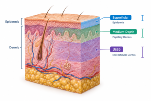 Diagram showing chemical peel penetration depths across superficial, medium, and deep skin layers