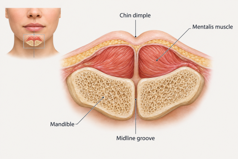 Anatomical illustration showing how chin bone structure and mentalis muscle create a chin dimple