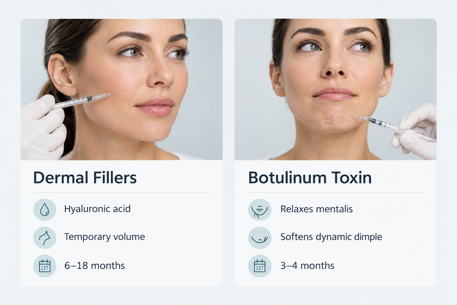 Fact cards comparing dermal fillers and botulinum toxin for reducing a chin dimple
