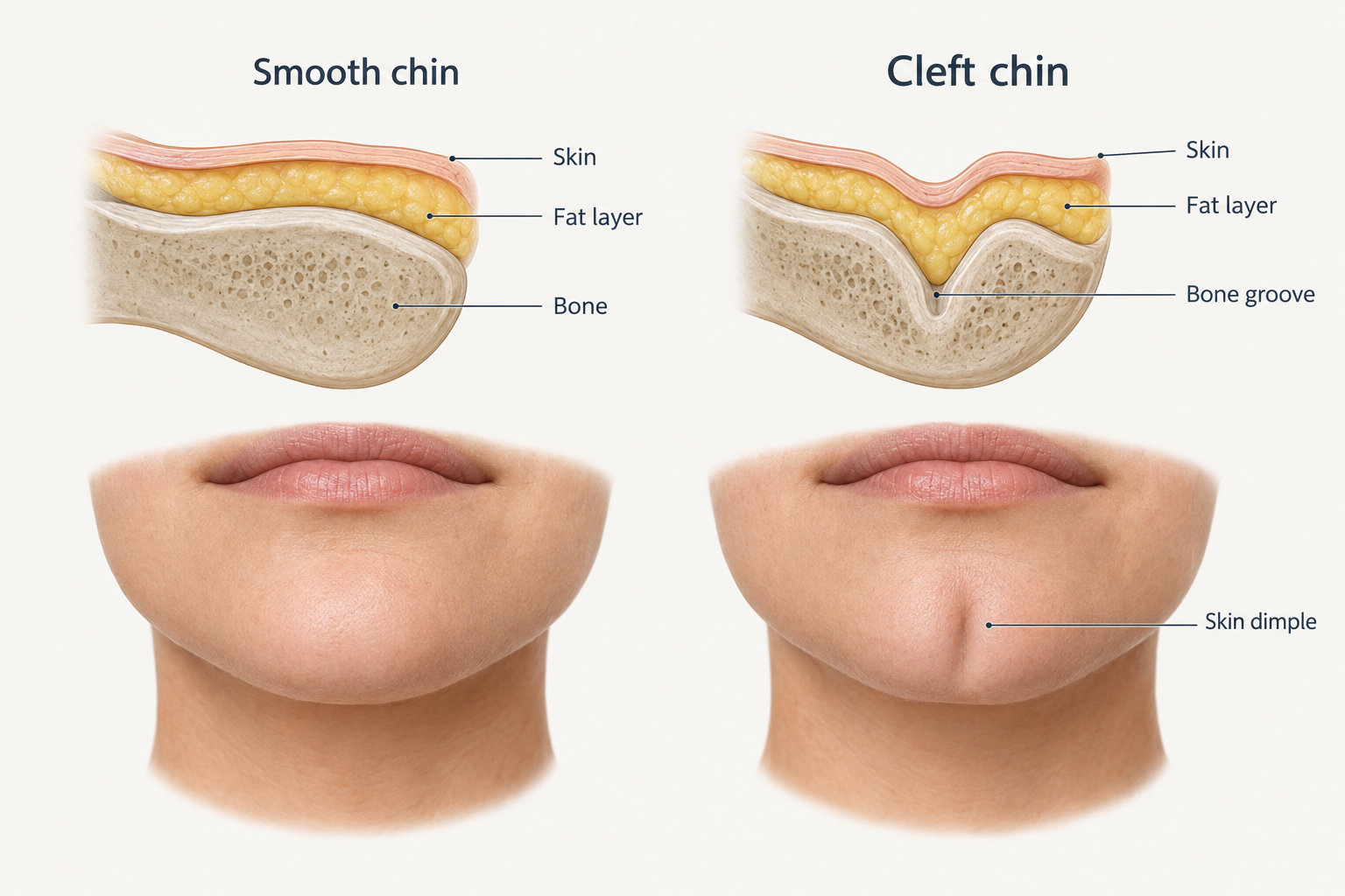 Diagram comparing smooth chin bone versus midline groove causing a visible chin dimple