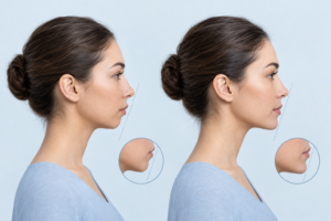 Illustration of facial profile balance before and after chin filler treatment