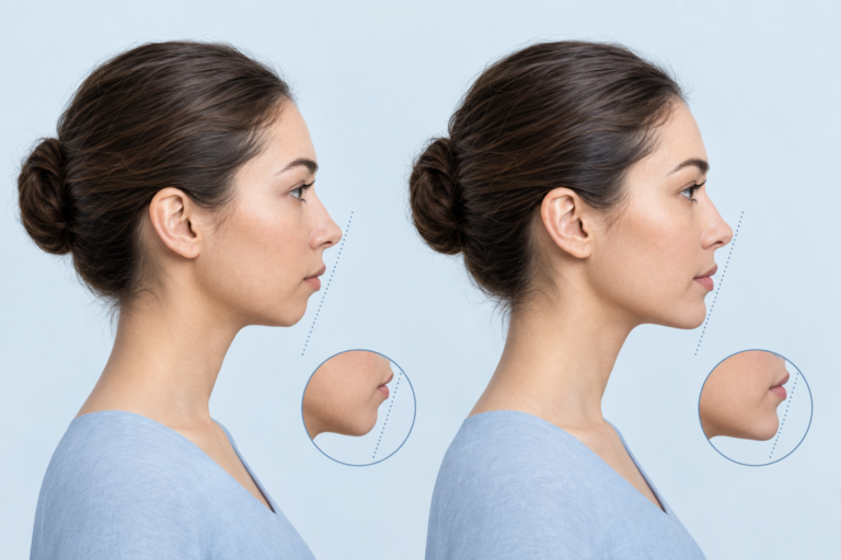 Illustration of facial profile balance before and after chin filler treatment